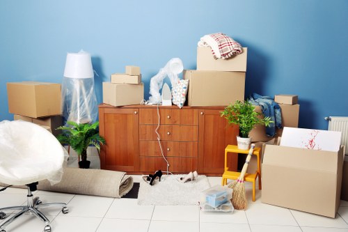 Packed moving boxes ready for house removals in Spitalfields